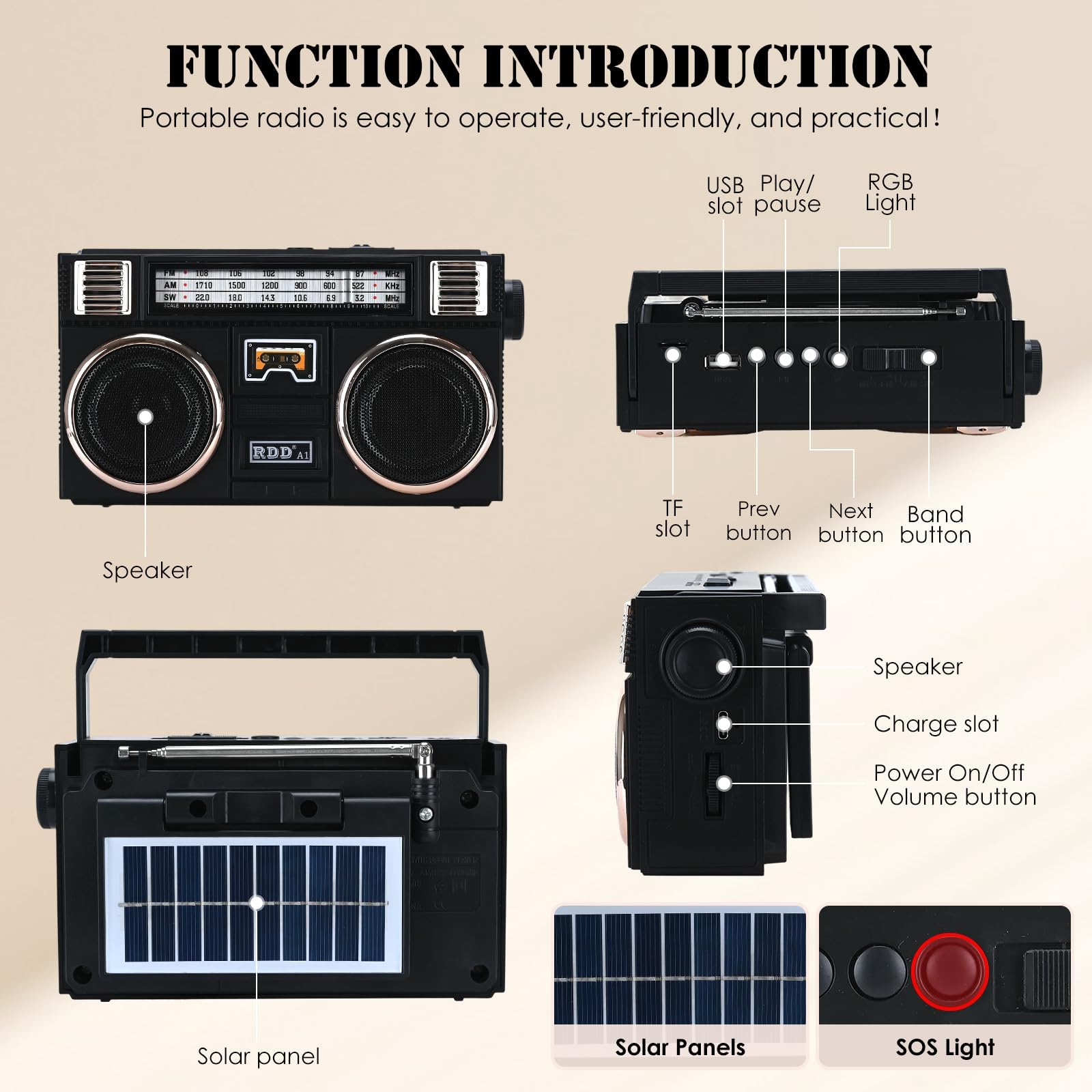 Radio FM AM SW Portable avec Bluetooth, Panneau Solaire et Lampe Torche, Lecteur MP3 USB/TF, Batterie Rechargeable - Radio numérique à Batterie pour la Maison et l'extérieur Noir (Classique, Noir)