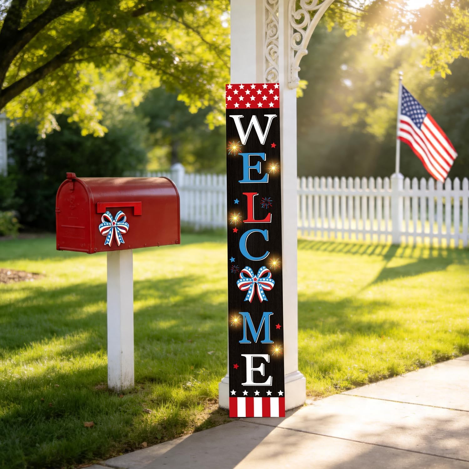 4th of July Welcome Sign with LED Lights, 47" Patriotic Wooden Door Porch Standing Decor Signs, Independence Day 250th Front Door Porch Decor, Memorial Day Home Yard Party Wall Hanging Decoration