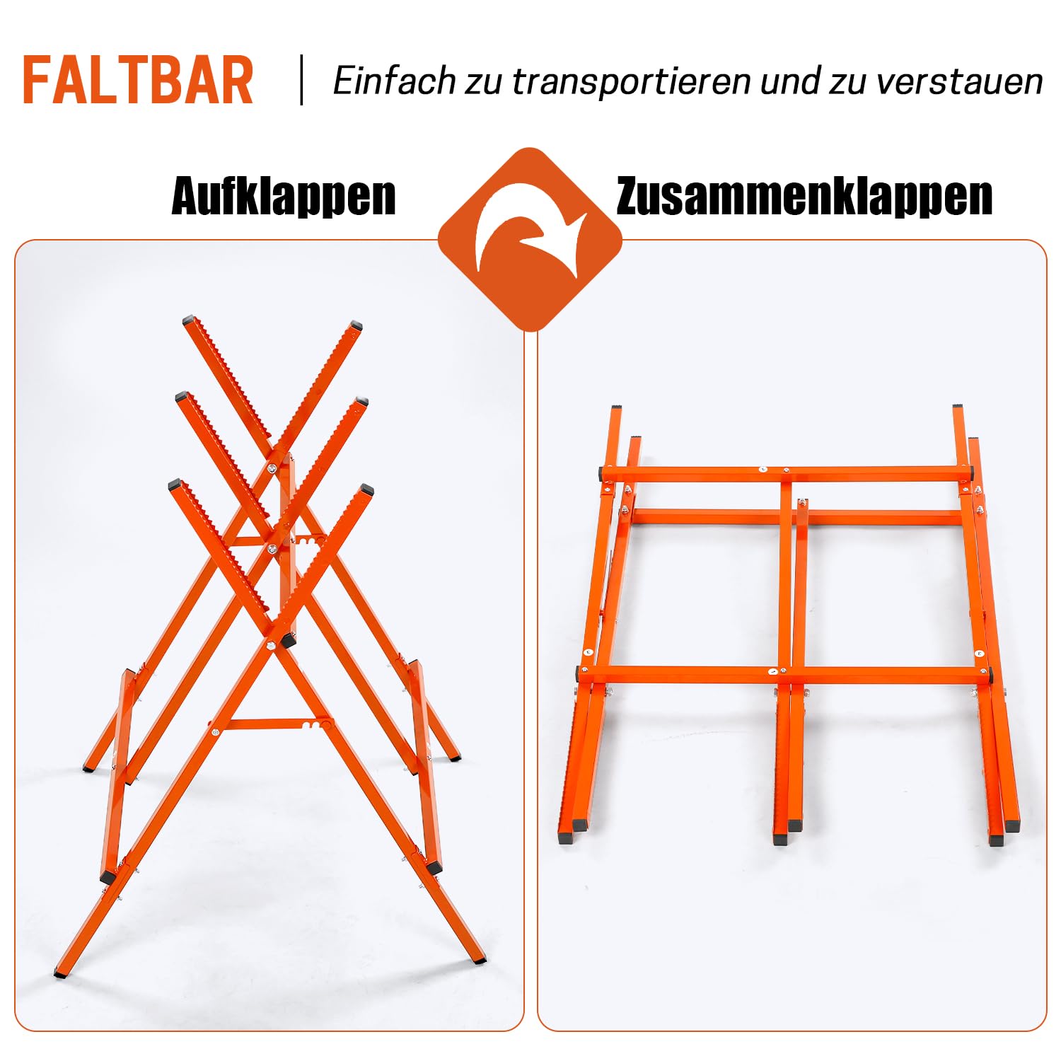 Sägebock,klappbar Holzsägebock für Kettensäge & Handsäge,Stahl Sägepferd Ständer, Holzsägearbeiten Schneiden von Blockholzständer,Tragfähigkeit 150KG