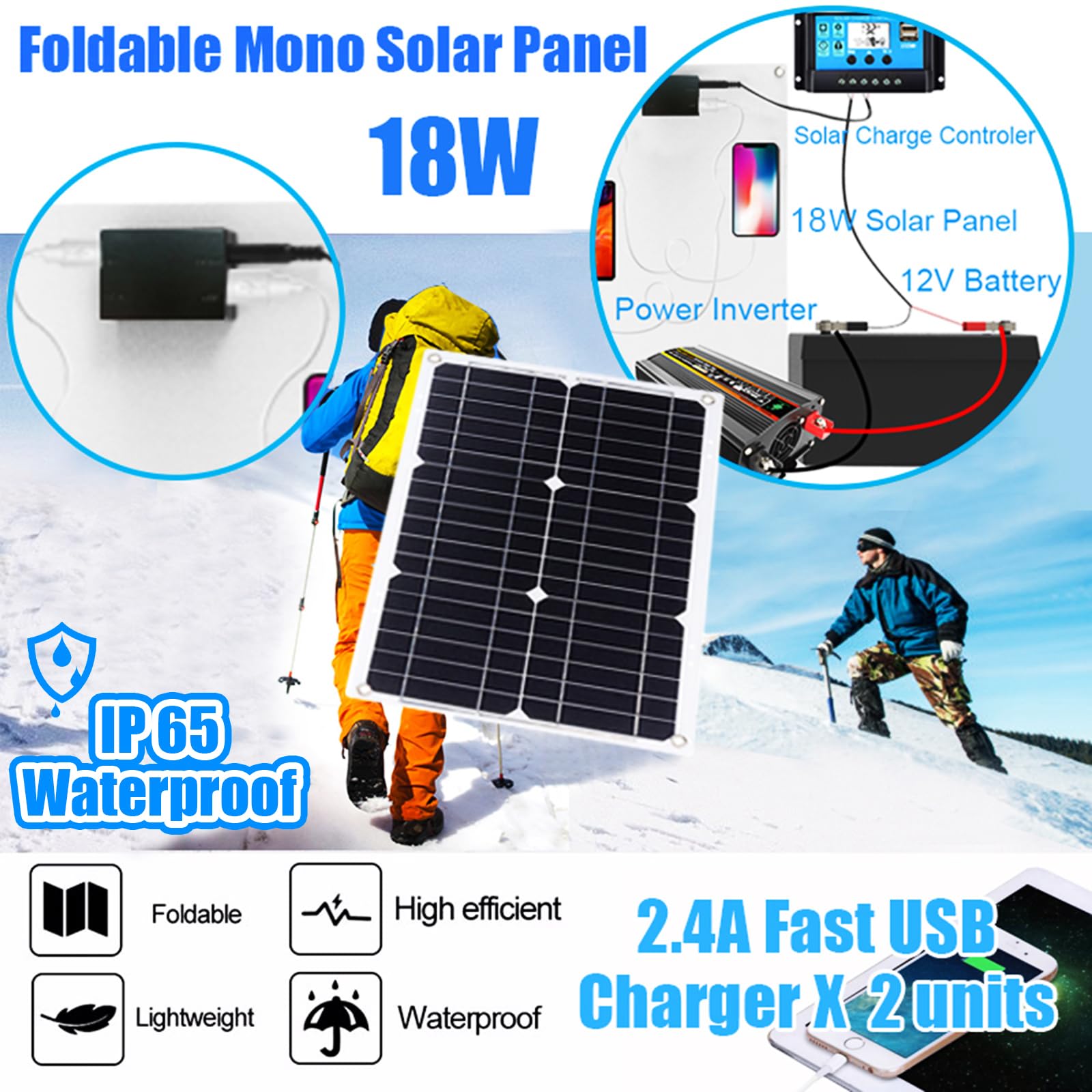 Kit de Panel Solar: inversor de Corriente para Coche de 500 W, Controlador de Carga PWM de 30 A, Panel Solar Impermeable de 18 W para Autocaravana, Barco y Motocicleta.
