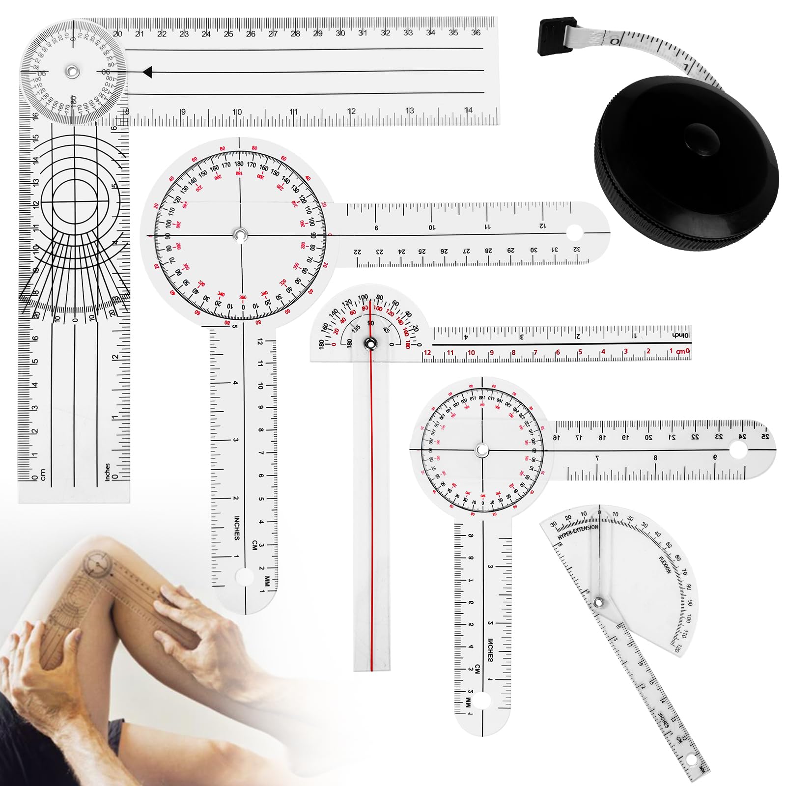 Set di 6 goniometri da 20,3 cm, 15,2 cm, 180, 360, dito, spinale, metro a nastro, goniometro per dita della colonna vertebrale, per misurazione del corpo, goniometro e righello