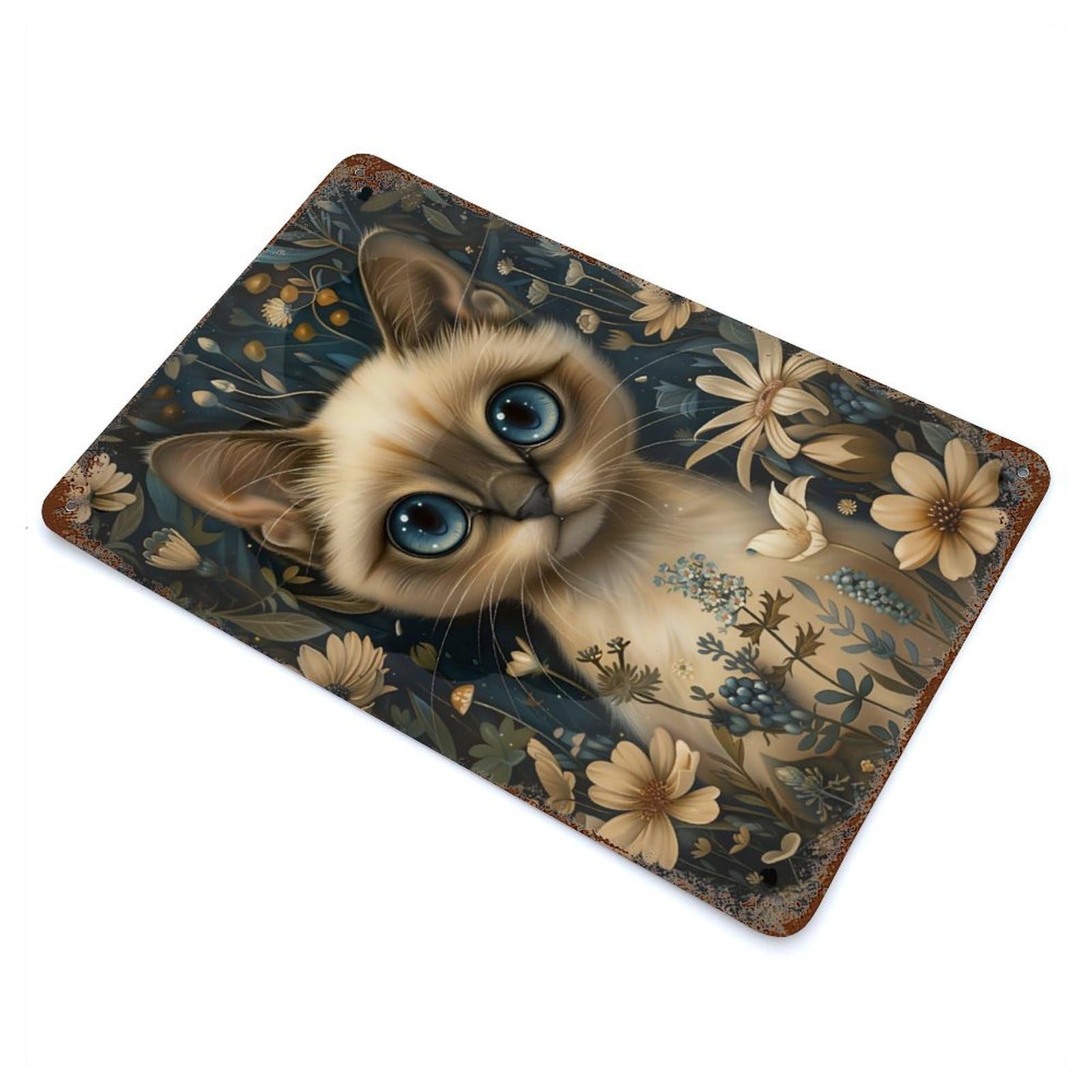 Rust Effect Whimsical Siamese Cat Rusty Metal Tin Sign 11.8"x7.9", Old School Wall Decor for Basement, Hobby Room And Garage Decor