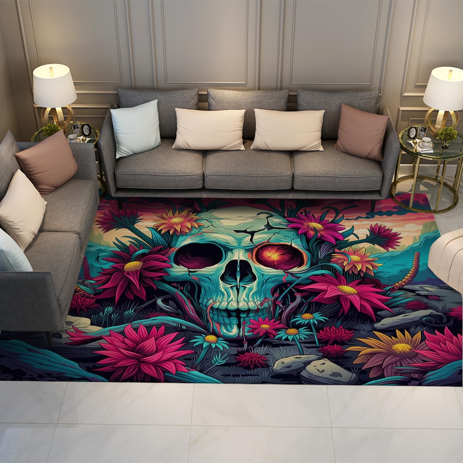 Tapis de crâne lavable 90x120cm à poils ras avec motif squelette floral pour chambre et salon
