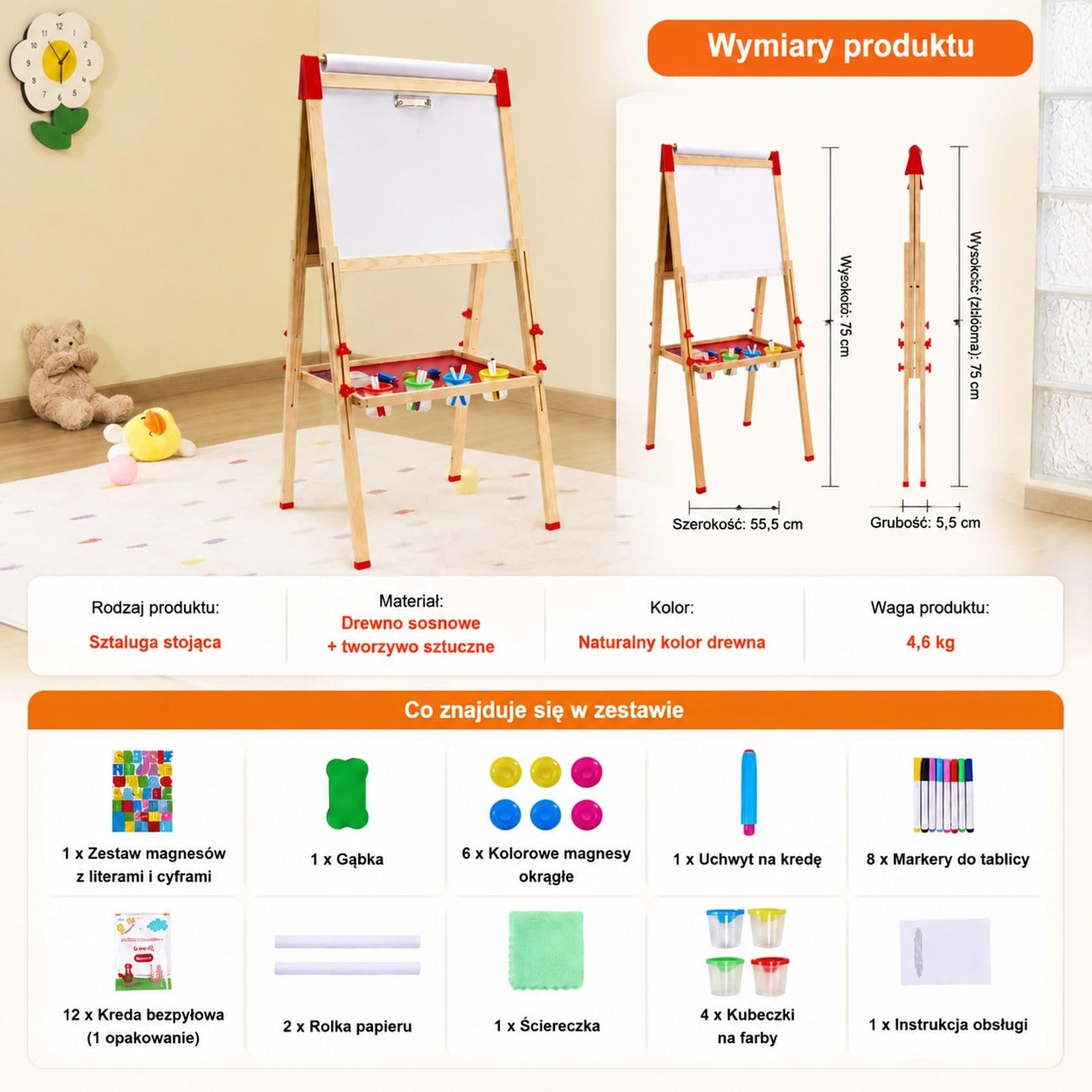 Sztaluga artystyczna 3 w 1 z magnetyczną tablicą suchościeralną, kredowym panelem i rolką papieru, dwustronna, regulowana, stojąca, sosna oraz plastik, naturalny kolor