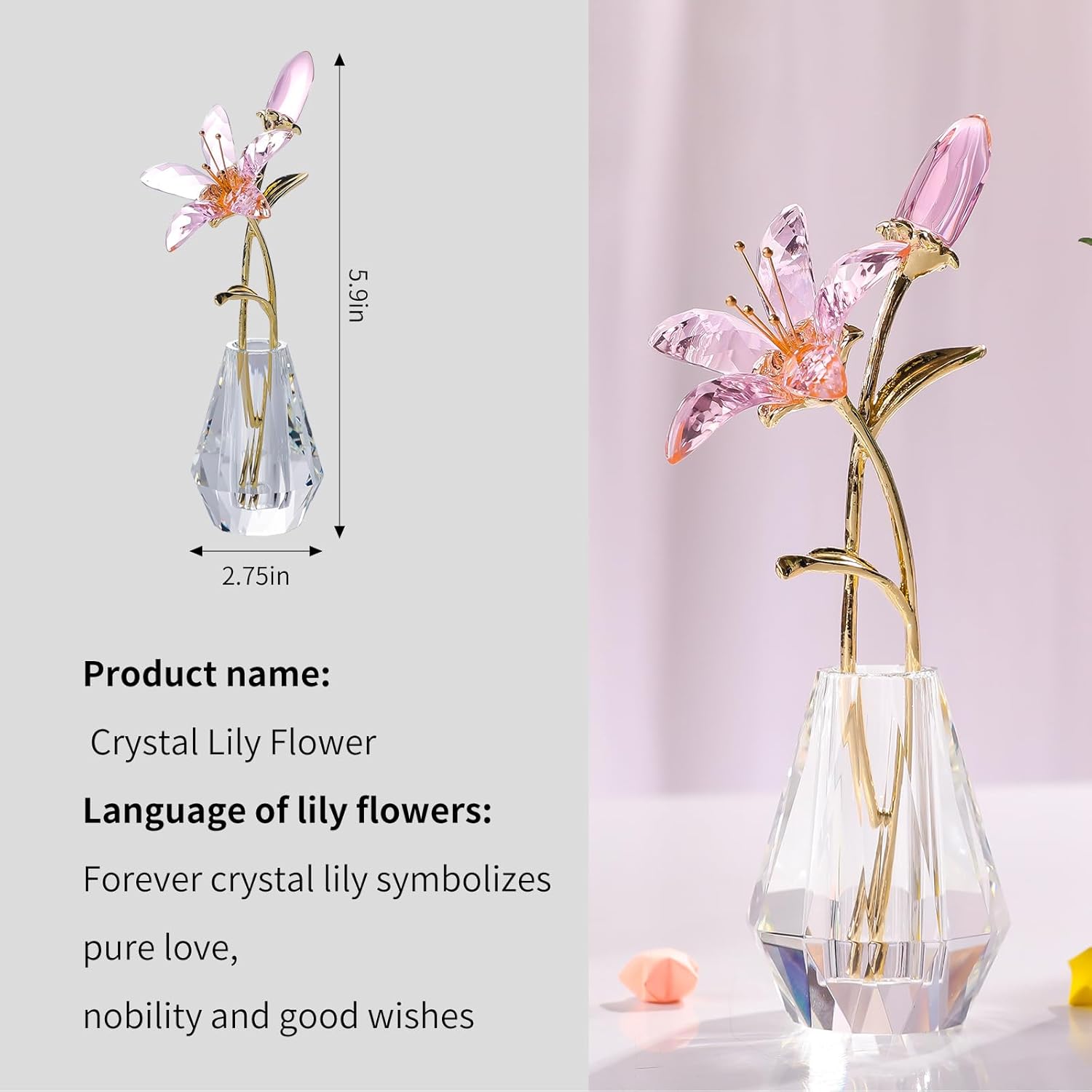 LONGWIN Crystal Artifical Tiger Lily Flowers with Vase - Pink Crystal Collectible Figurines Decorative Blooming Lily Flower for Home and Wedding - Image 6