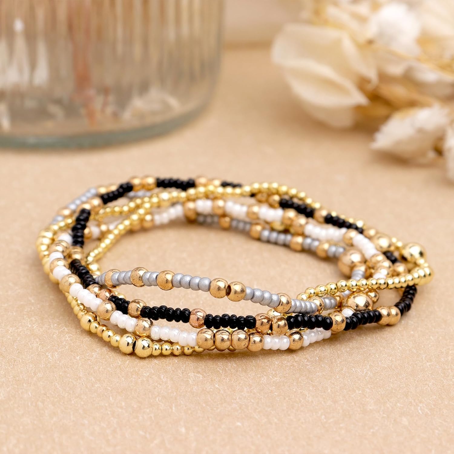 Gold Beads Stack Bracelets Set for Women, Trendy Boho Handmade Black White Gray Beaded Stackable Stretch Bracelet Prom Jewelry Gift. - Image 6