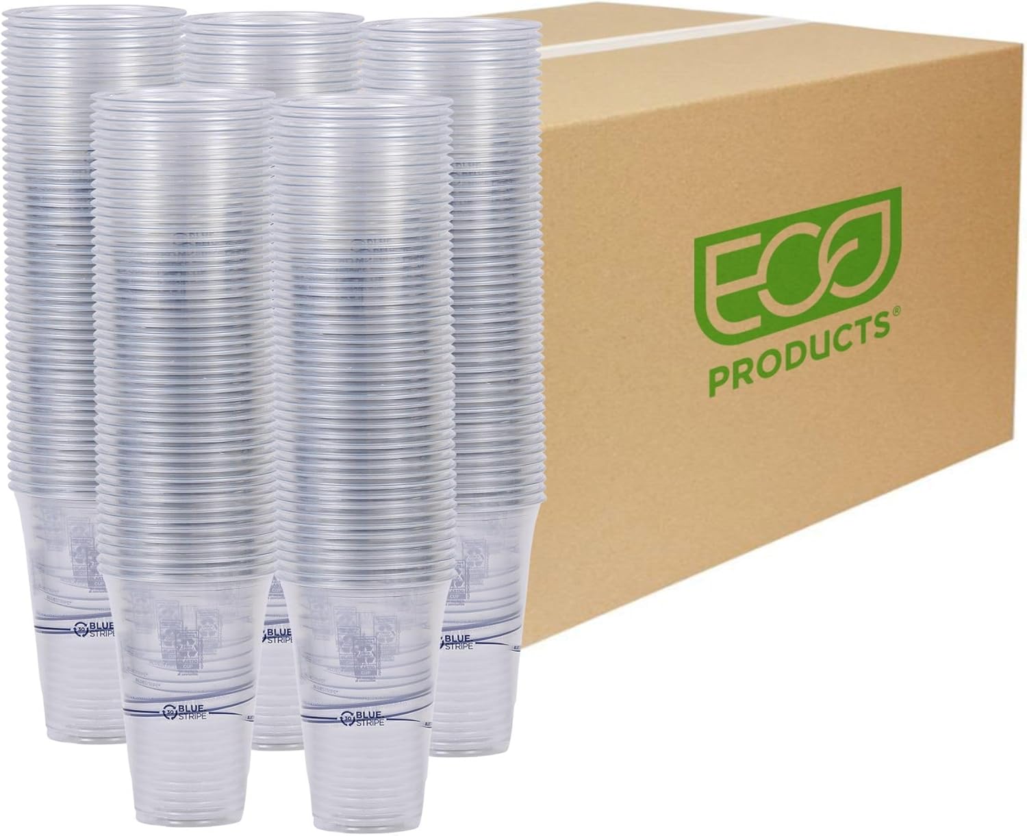 ECO PRODUCTS BlueStripe Recycled 24oz Plastic Cups, Case of 600, Made from 30% Post-Consumer Recycled Plastic Bottles, Recycled PET (rPET) For Cold Drinks & Snacks, Clear For Visibility