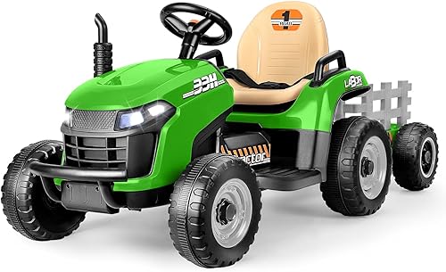 Tractor de paseo de 12 V 7 AH con remolque inclinable y control remoto, motores de 2 x 45 W, Bluetooth, música, palanca de cambios, automóvil
