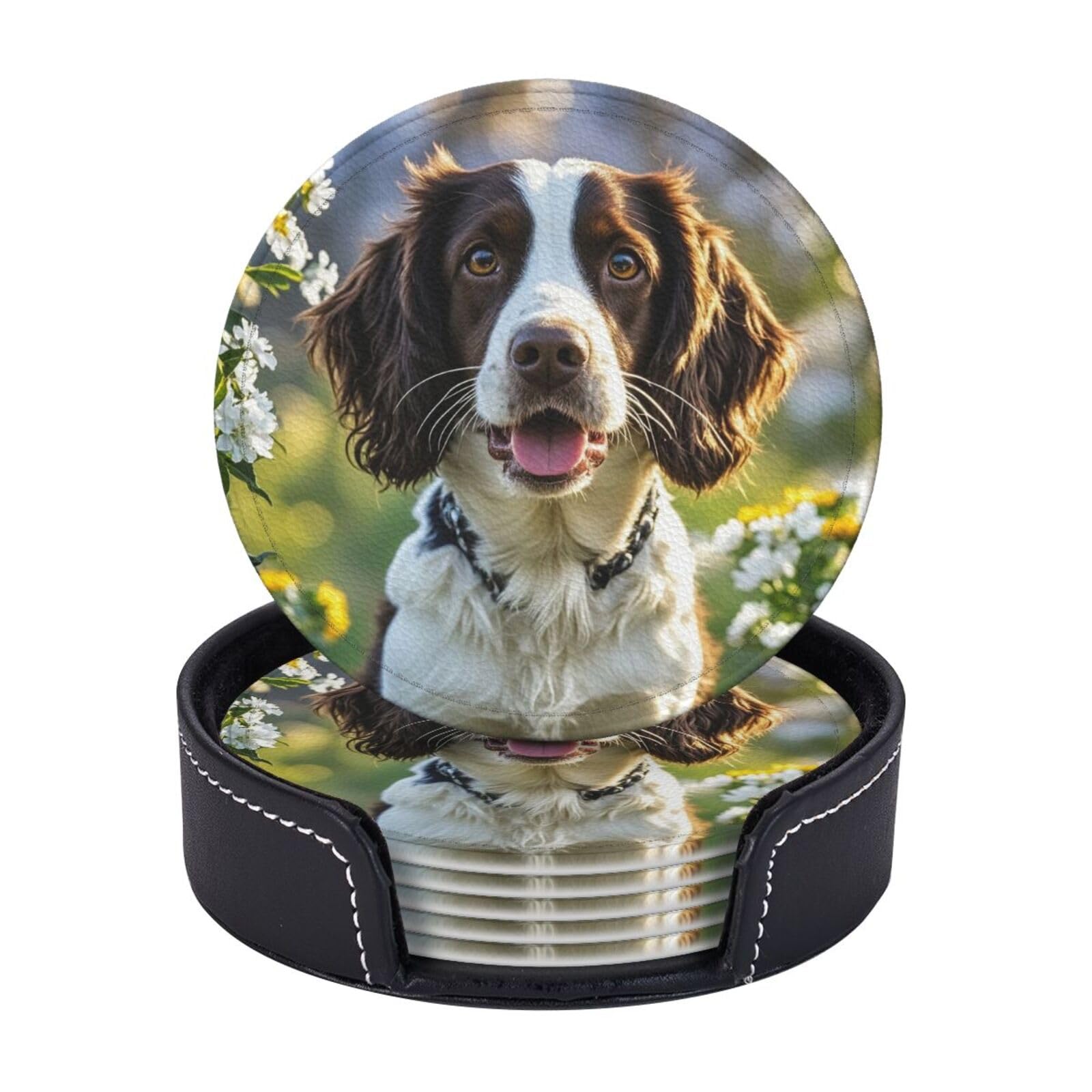 Mxzerfkgla Cute Springer Spaniel Drink Coasters Set Of 6 Round Leather Coaster With Holder Coasters For Drinks Cups Mugs Mat Pads Absorbent Non-Slip Coaster For Coffee Table Kitchen Bar Home Decor