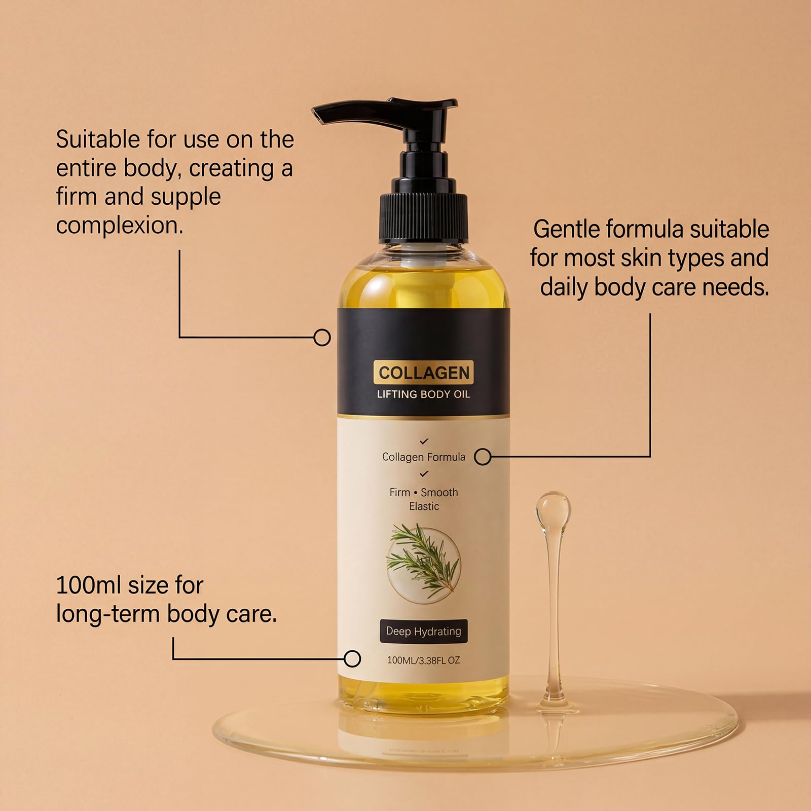 Aceite corporal reafirmante con colágeno, ligero, de absorción rápida, hidratante no grasa para una piel lisa, radiante, reafirmante e hidratante con aceite corporal (6 unidades)