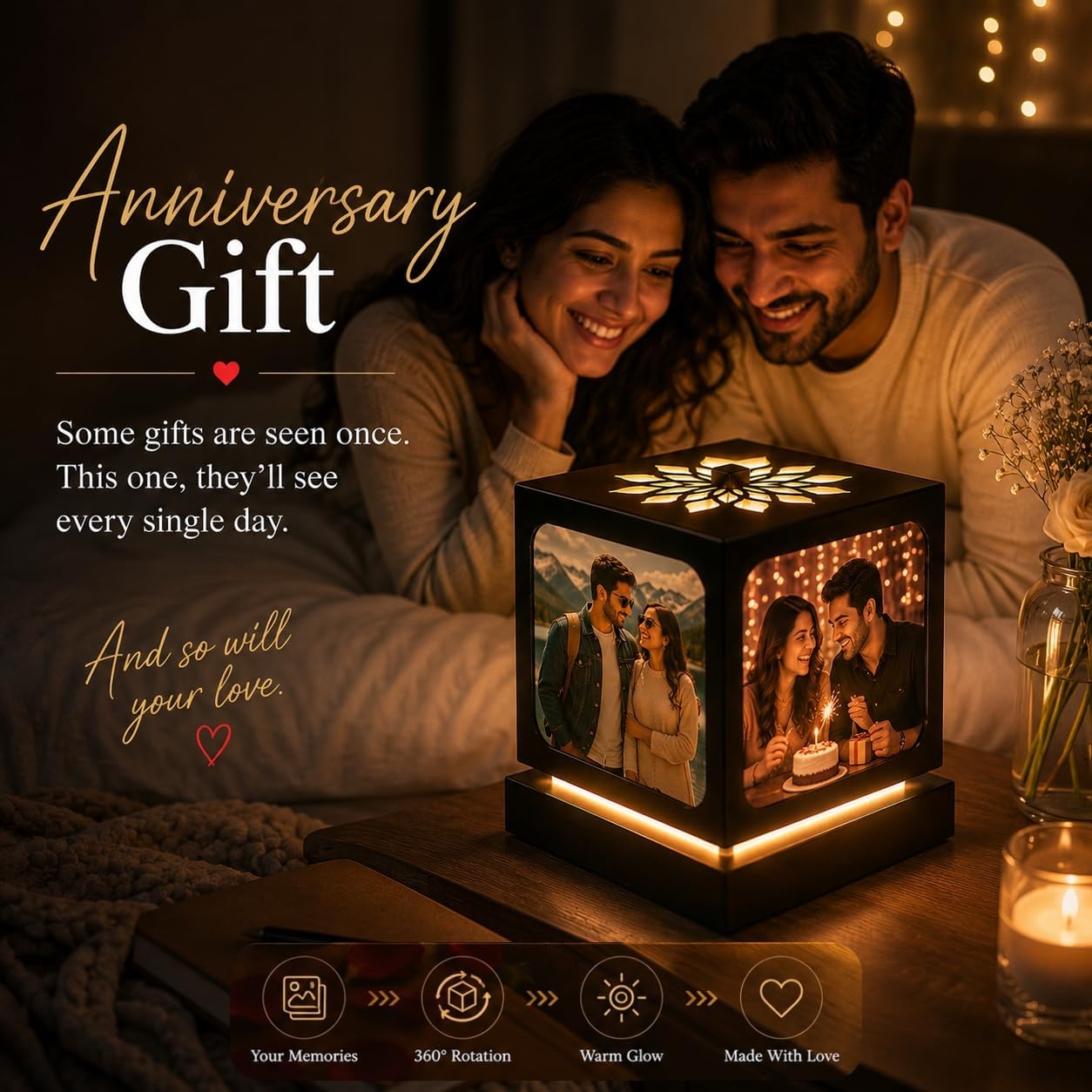 ZOCI VOCI Personalized Rotating Photo Lamp with 4 Photos for Couples – Nostalgia, Romantic Anniversary Special Gifts for Wife, Husband & Girlfriend | Customized Memory Lamp for Birthday | Rakhi Gift 3