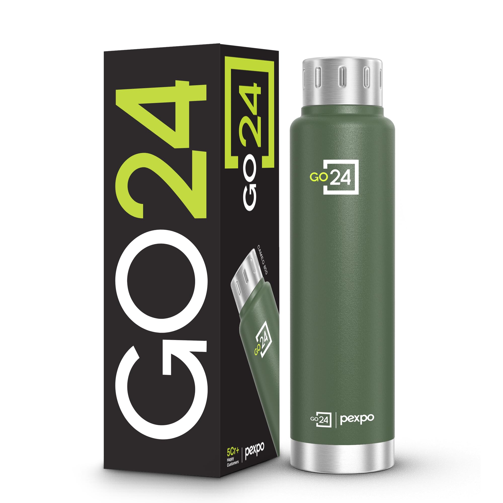Go24 pexpo Cameo ISI Certified Stainless Steel Vacuum Insulated Flask - 500ml | 2-Year Warranty |Double Wall Hot & Cold Upto 6-8 Hours | Office, School, Gym, & Travelling - Military Green
