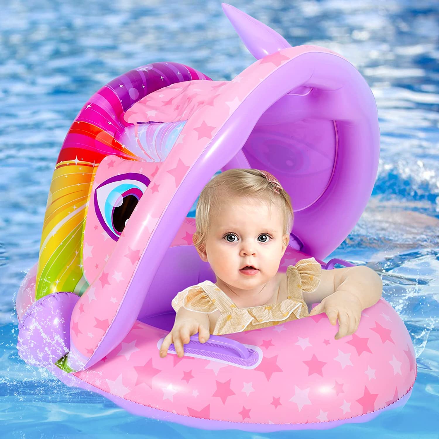 Baby Pool Float with Canopy, Unicon Inflatable Baby Swimming Float with Sunshade, Infant Baby Swim Floats for Pool, Summer Pool Toys Party Favors for Kids Toddlers Girls Boys Aged 6-36 Months