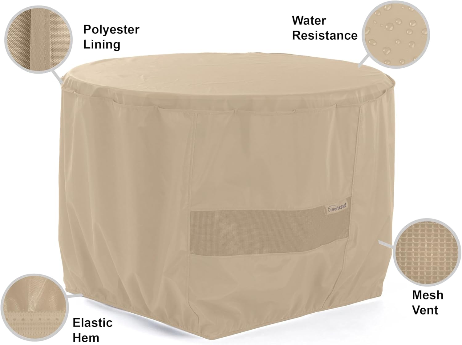 Covermates Classic Round Outdoor Fire Pit Cover – All-Weather, Water-Resistant Heavy-Duty Viny with Mesh Vent, Elastic Hem for Patio Furniture Protection, Round 36DIAMETER x 25H, Classic Tan