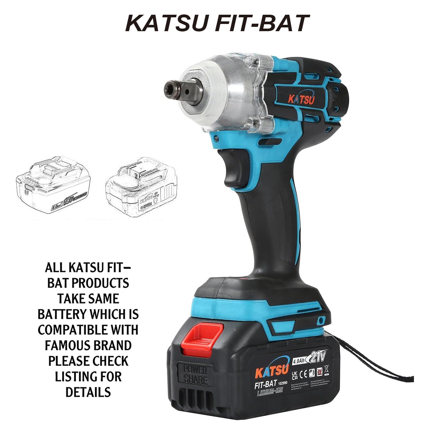KATSU FIT-BAT 21V Clé à Chocs sans Fil Brushless avec 4.0Ah Batterie, 1/2" 400Nm Clé à Chocs Électrique Cordless, avec 2 Adaptateurs, 0-3500IPM 102488
