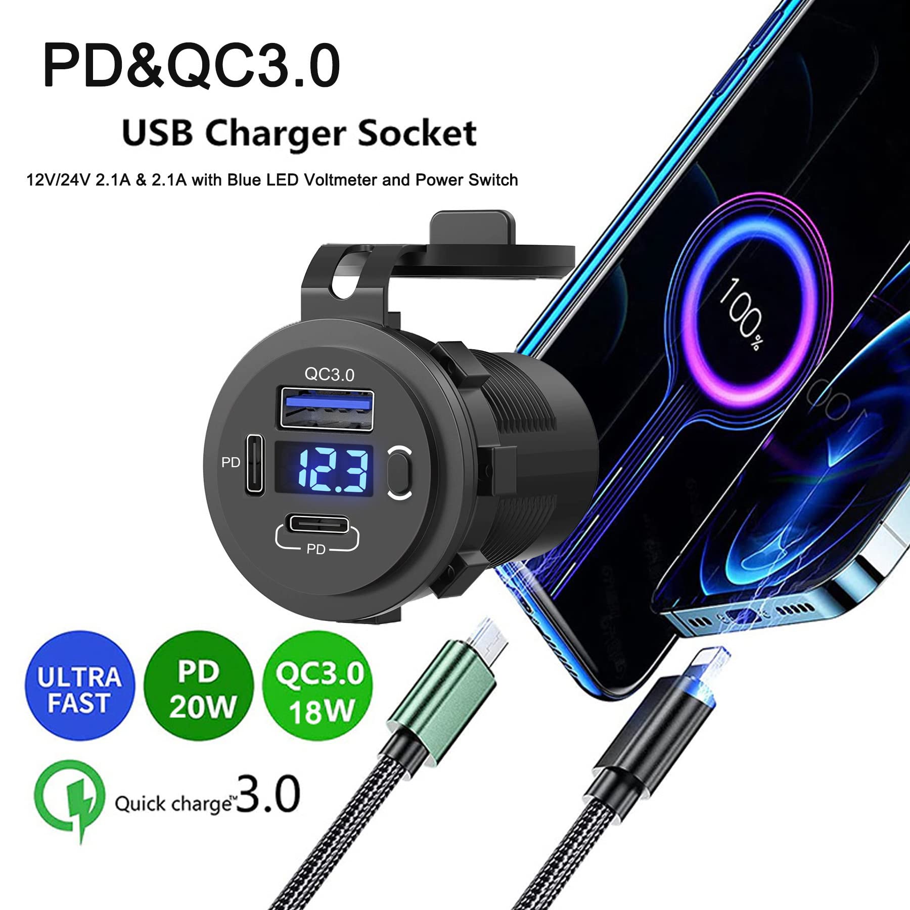 12 V USB-Steckdose USB C Kfz-Ladegerät Buchse (2PD + 1QC)
