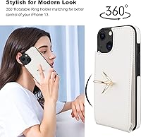 Vista 3 de Folosu Compatible con iPhone 13 Funda cartera con tarjetero con rotación de 360°, soporte de anillo de dedo con función atril, bloqueo RFID, piel