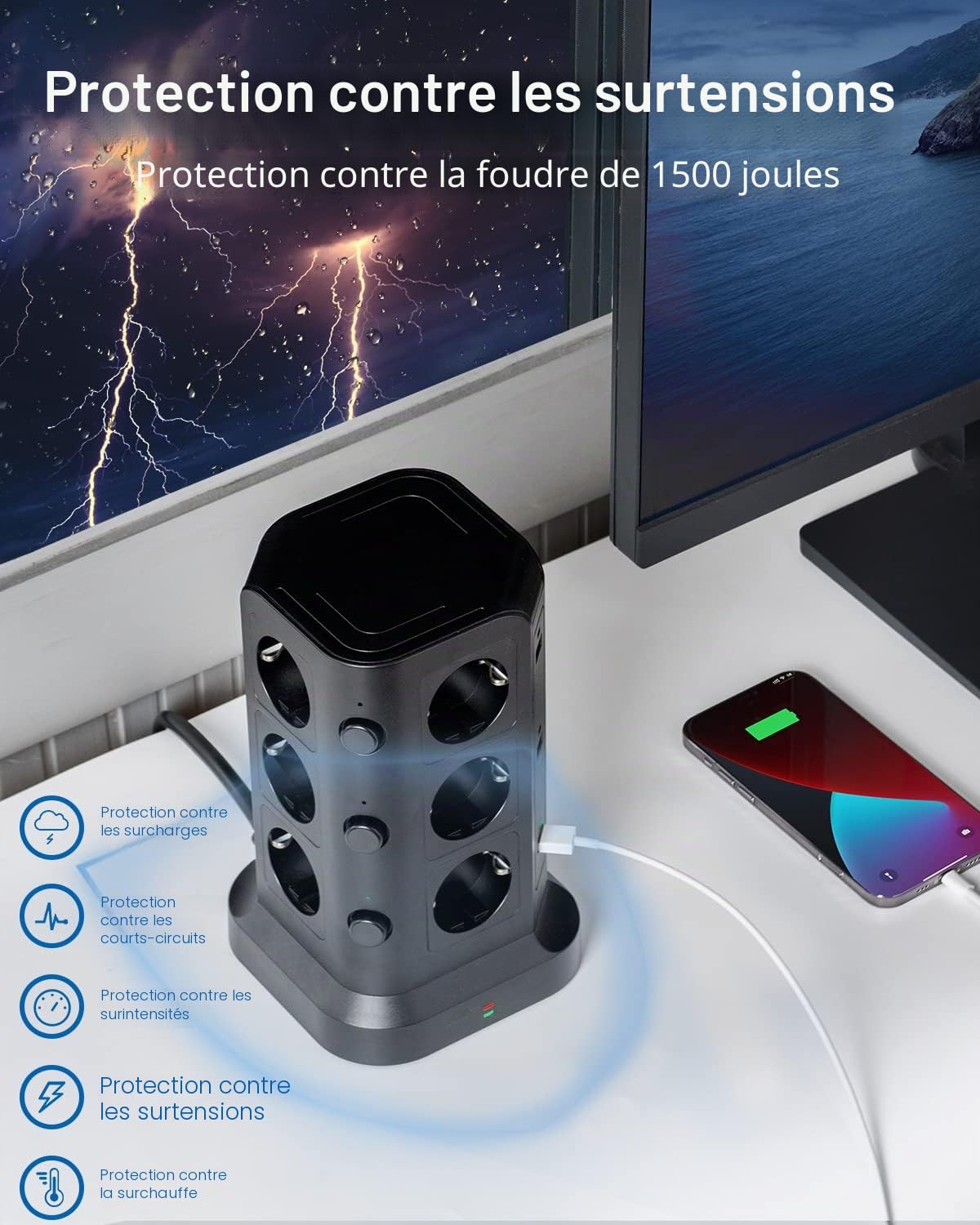 KOOSLA Tour Multiprise, 12 Prises, 6 USB, 5M, Noir | 12 Prises, 6 USB, 4000W/16A, 3 Interrupteurs, Parafoudre, Câble 5M, Bureau