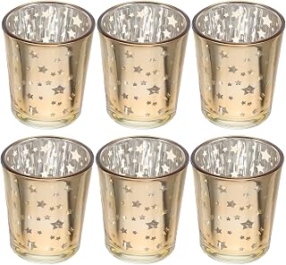 Healifty 6 Pcs Gold Glass Votive Candle Holders, Tea Light Cups with Stars | Small Votive Cups Candle Stand for Tealights, Wedding Tables, Christmas Halloween Holiday Parties Decor, Centerpiece Styling