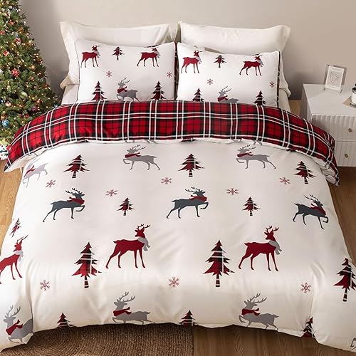 Miniatura 3 de Lekesky Funda de edredón de Navidad, tamaño King, juego de ropa de cama reversible de 3 piezas con cierre de cremallera y lazos en las esquinas (1