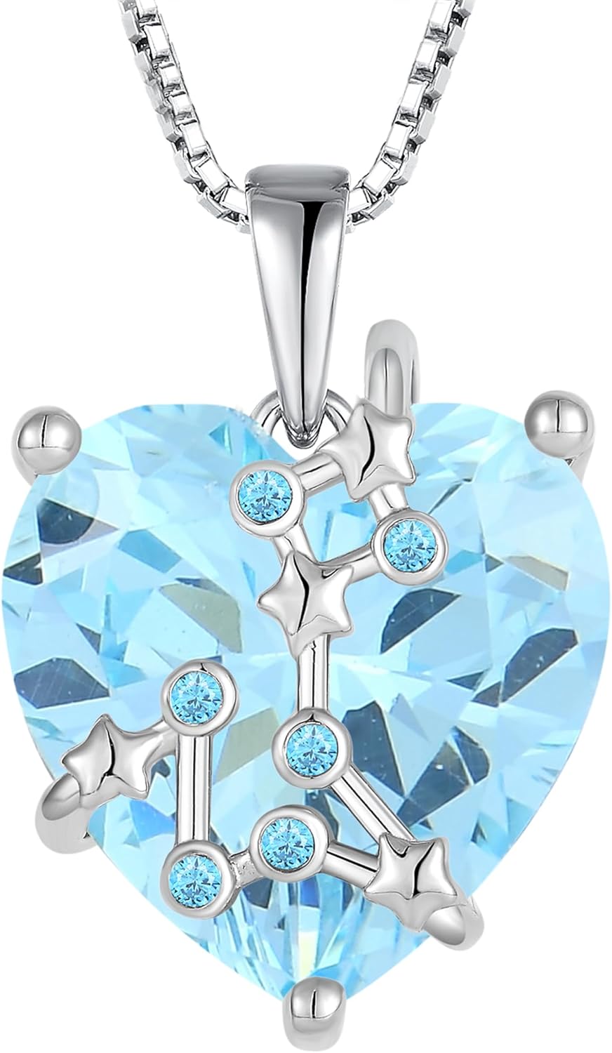 Zodiac Constellation Necklace for Women, 925 Sterling Silver Heart Pendant with Birthstone Astrology Horoscope Jewelry Gifts