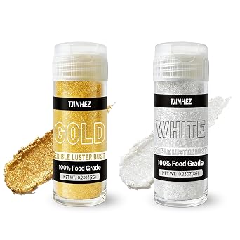 2 Colors Edible Luster Dust Set Gold & White - 16g Food Grade Shimmer Glitter Powder for Baking, Drinks, Cocktails, Cakes, Strawberries