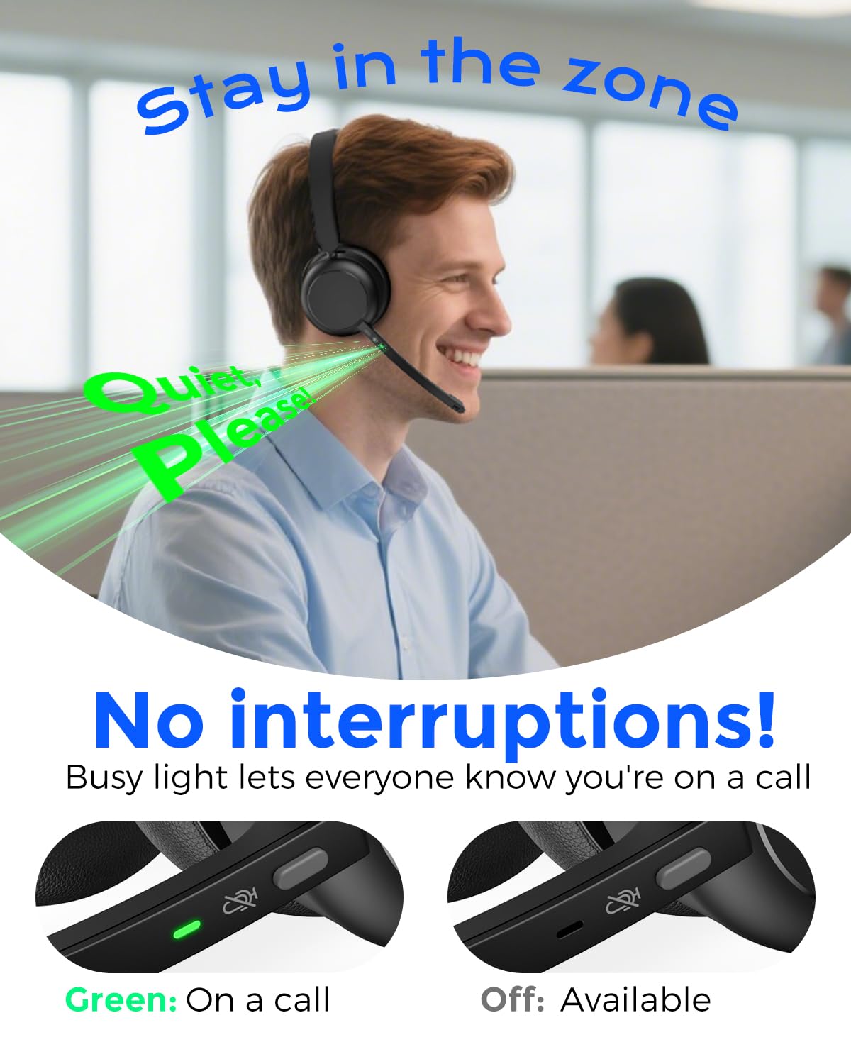 Bluetooth-Headset, Kabelloses Headset mit Mikrofon, Qualcomm Chipset Dongle, V5.4-Headsets mit Mikrofon für die Arbeit, Drahtlose Geräuschunterdrückung mit Busy/Stumm Licht für PC Computer Büro
