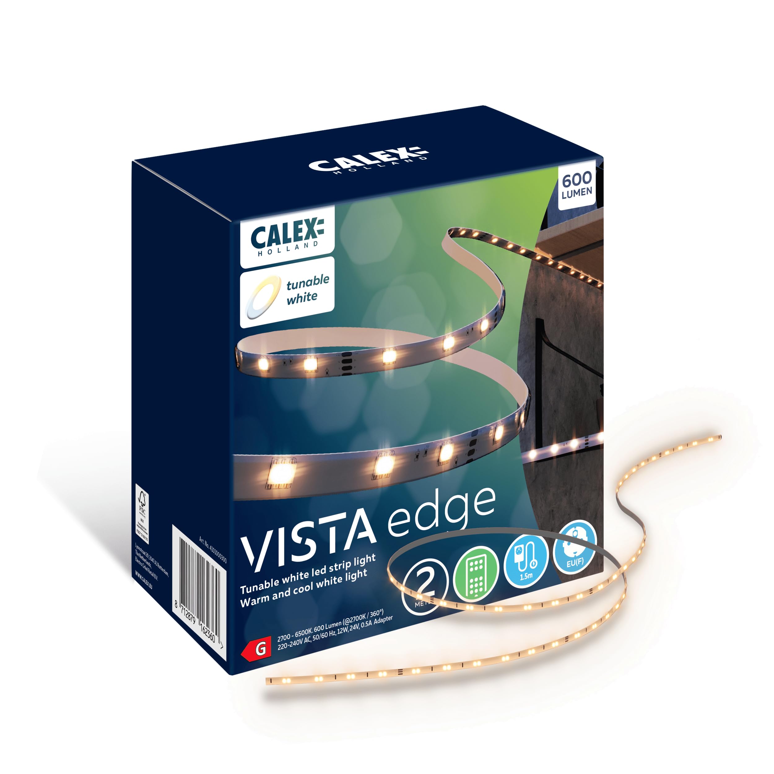 CALEX Vista Ruban LED, 2M, CCT Blanc, 600 Lumens, Intérieur, 12W, Température de Couleur Réglable (2700-6500K), Contrôle Manuel