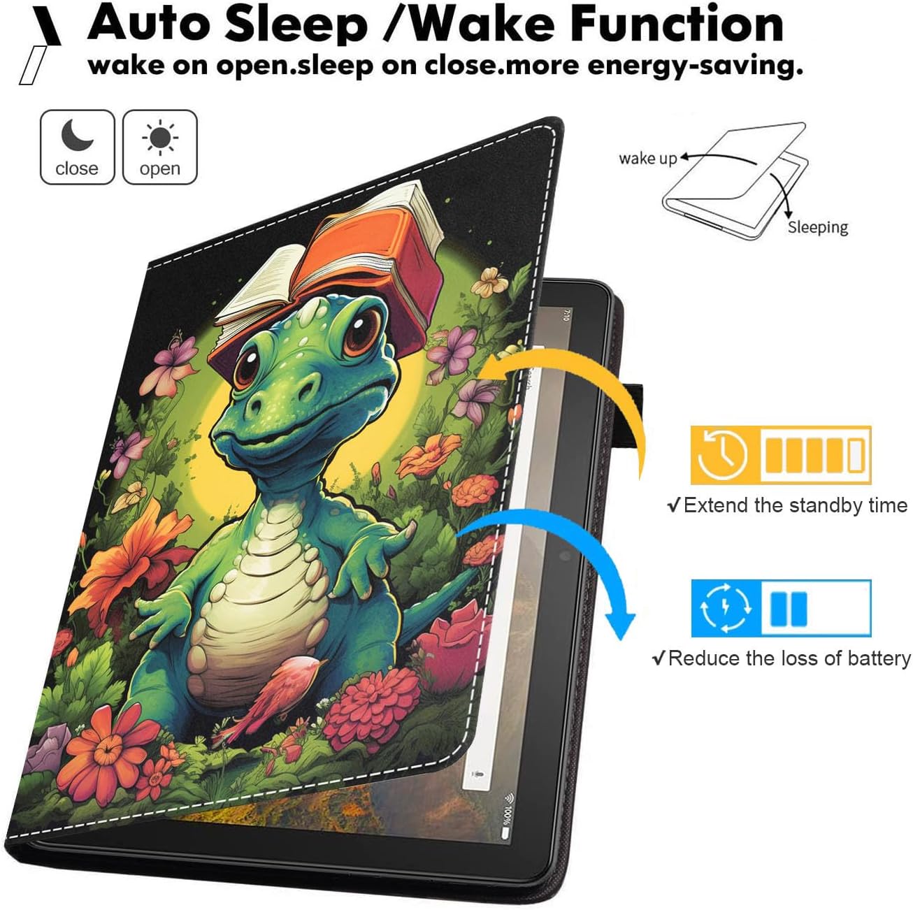 Case for Amazon Kindle Fire 7 Tablet (7" Display, 9th/7th Generation, 2019/2017 Release), Premium PU Leather Stand Cover with Auto Wake Sleep, Cute Little Dinosaur