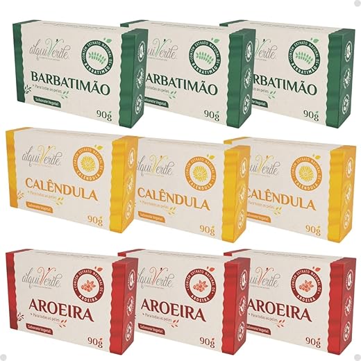 Kit 9 Sabonetes Naturais Alquiverde de Aroeira, Calêndula e Barbatimão – Hidratante, Relaxante e Revitalizante | Sabonete Artesanal Vegano para Corpo e Rosto