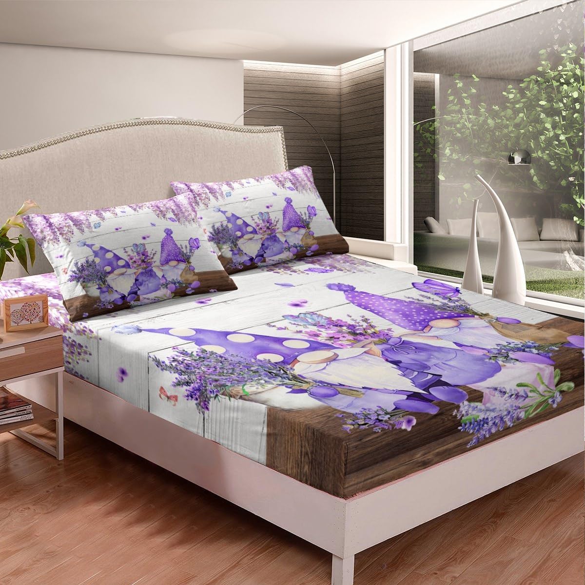 Manfei Cute Gnomes Fitted Sheet Twin Size, Purple Vine Flower Butterfly Bed Cover with 1 Pillowcase, Lavender Bouquet Bedding Set 2pcs for Kids Boys Girls, Soft Polyester Bedding