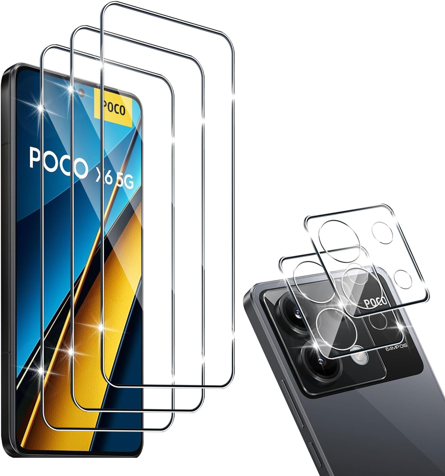 HidWee Tempered Glass Compatible with Xiaomi Poco X6 5G Screen Protector, 3 Pieces Protective Glass and 2 Pieces Camera Protection, 9H Hardness Anti-Scratch Tempered Glass Protection Glass, HD