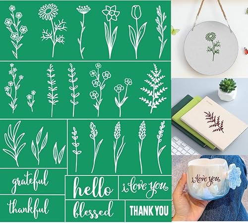 Alinacutle Florals - Plantillas de serigrafía reutilizables para decoración del hogar, pintura sobre maderatelaparedtazaplatovidriopapel, 8.5 x 11