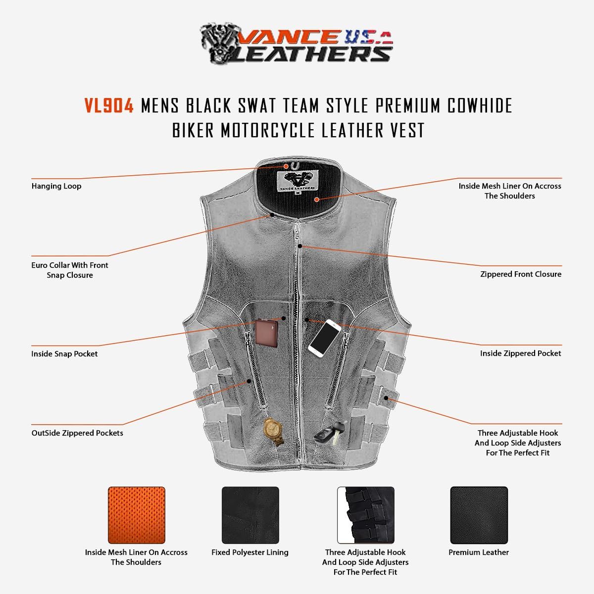 Mens Leather Motorcycle Vest with CCW Pocket, Black Premium Leather Vest for All-Weather Motorbike Riding - Image 5