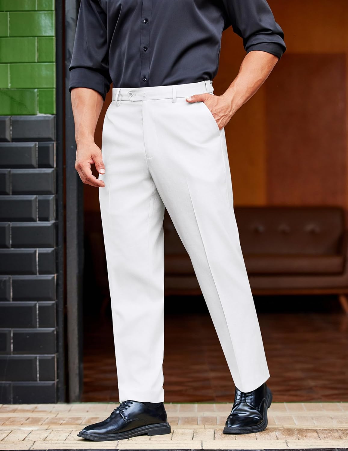 COOFANDY Mens Classic Casual Dress Pants Expandable Waist Suit Pant Slim Fit Flat Front Slacks - Image 2