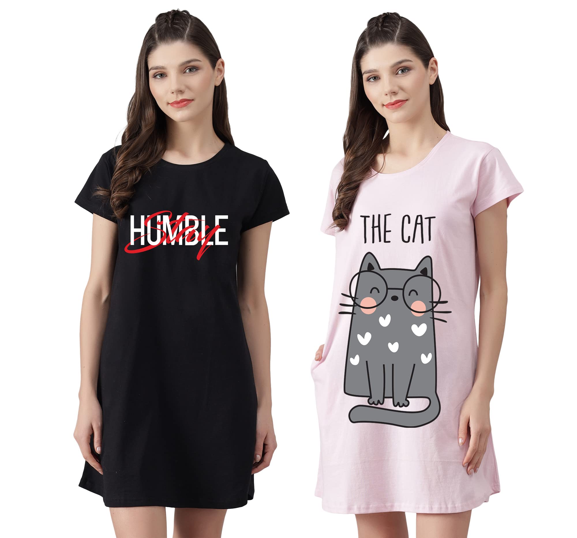 Women’s Cotton Nighty | Printed Knee Length Night Gown |Relaxed Fit Nightwear |Short Nightdress| Long T-Shirt | Sleepwear & Casual Wear Nighty (Pack of 2)