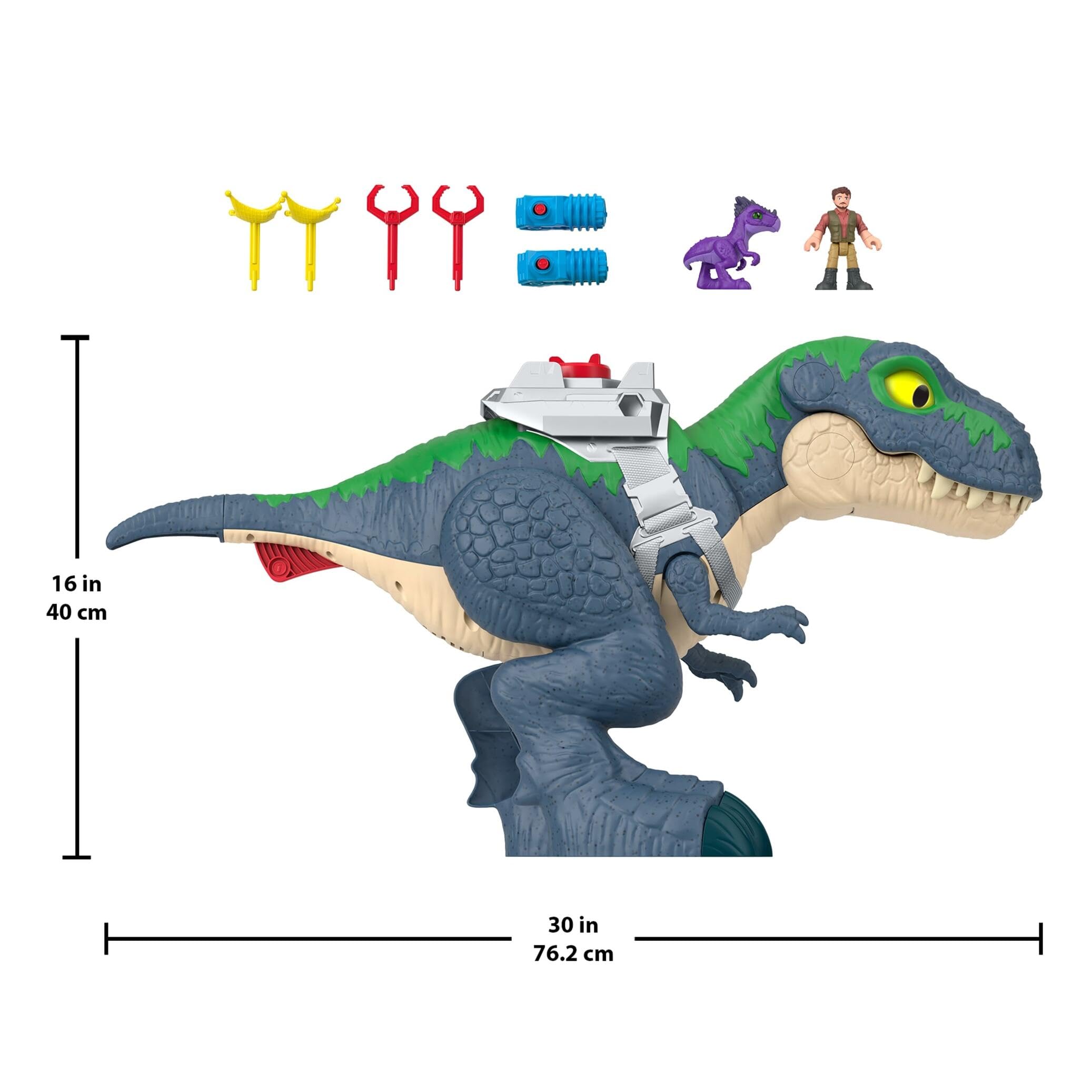Fisher-Price Imaginext Jurassic World Rebirth Conjunto de juego T. Rex Mordiscos y acción, dinosaurio de juguete de 45,72cm con luces, sonidos, movimiento y 2 figuras de acción de 7,62cm, JGR40