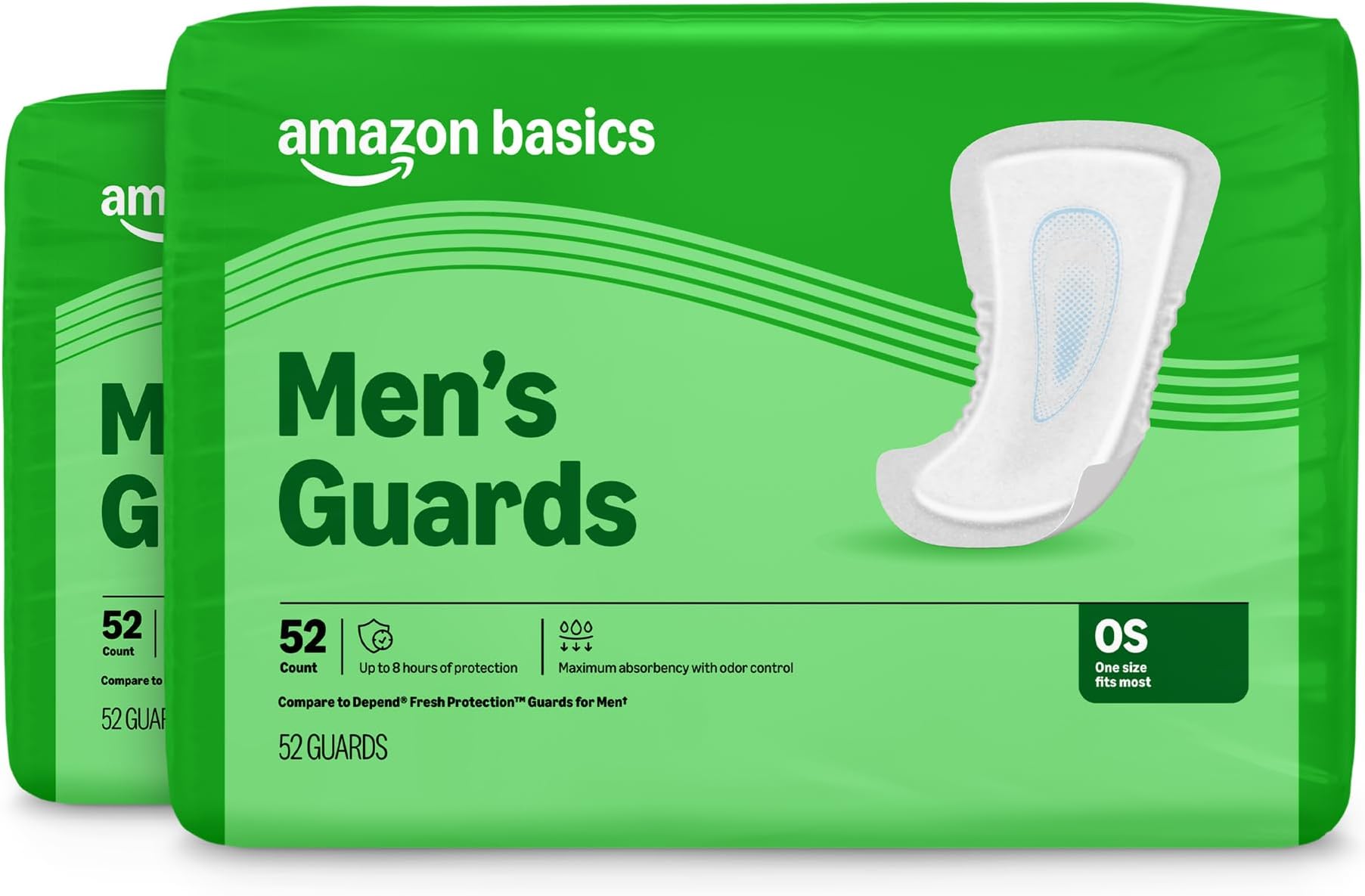 Amazon Basics Men's Incontinence Guards, Maximum Absorbency, Moisture-Wicking with Odor Protection, One Size Fits Most, 104 Count (2 Packs of 52), Packaging May Vary