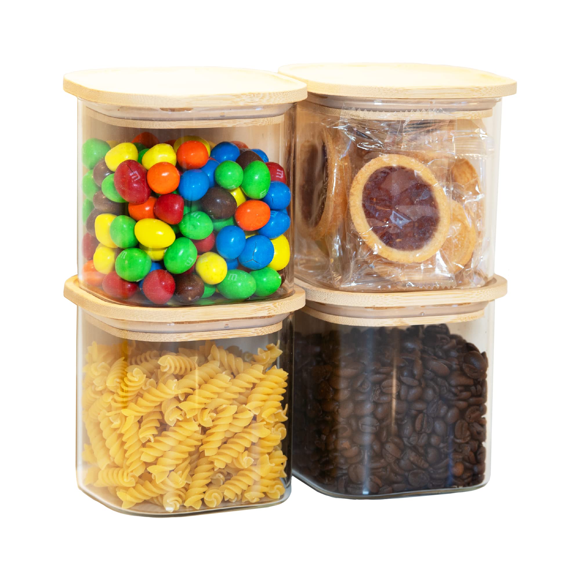 Stackable Square Glass Food Storage Containers with Bamboo Lids, 4PC Small Set of Jars - Airtight Clear Kitchen & Pantry Organization Canisters