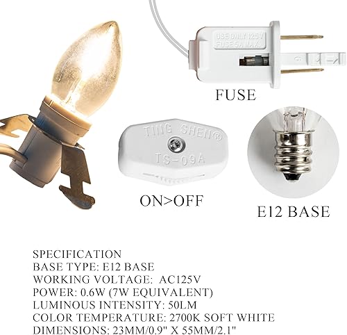 Miniatura 3 de Dazzle Bright Paquete de 2 cables de accesorios de 6 pies con bombilla LED E12, cable blanco con enchufe de interruptor de encendidoapagado,