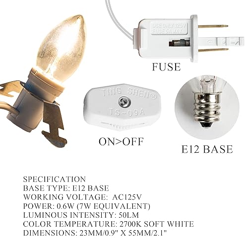 Miniatura 3 de Dazzle Bright Paquete de 4 cables de accesorios de 6 pies con bombilla LED E12, cable blanco con enchufe de interruptor de encendidoapagado,