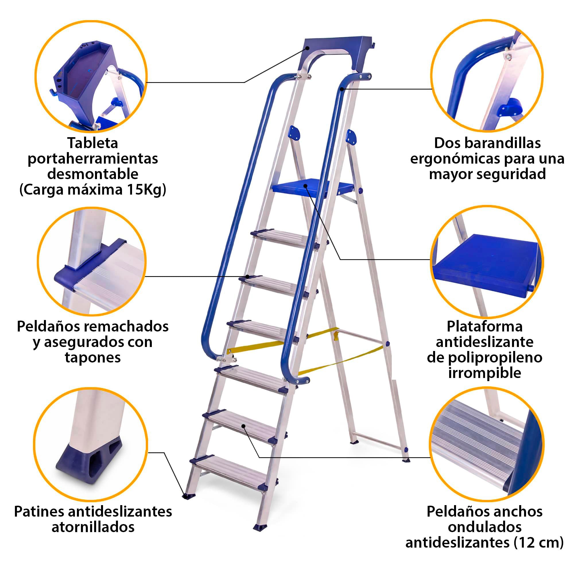 HOSTRÖM Escalera de Tijera de 7 peldaños Secure Pro, Aluminio Reforzado, Segura con barandillas, Bandeja portaherramientas, Altura de Plataforma 158 cm, garantía de 5 años