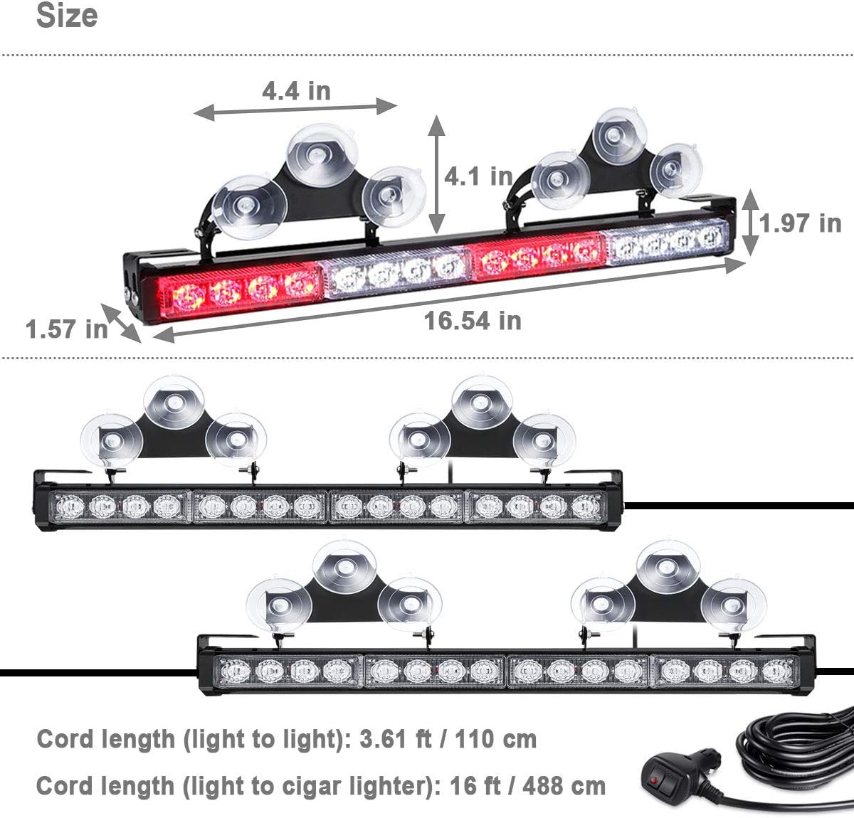 WOWTOU 2 in 1 Flashing Red White LED Emergency Strobe Light Bar for Volunteer Firefighter First Responder Vehicles Trucks POV Interior Traffic Advisor Safety Warning