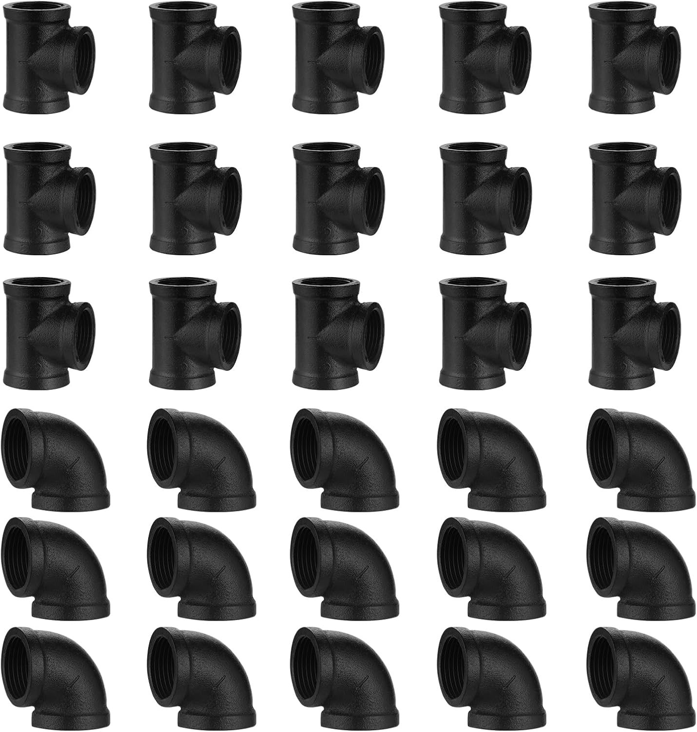 1" Black Pipe Tee & Elbow, 30 Pack Threaded Cast Iron Pipe Fitting Elbow/Tee for Steampunk Vintage DIY Pipe Decor Project/Furniture/Shelving Decoration (1", Black, (15 Elbows, 15 Tees))