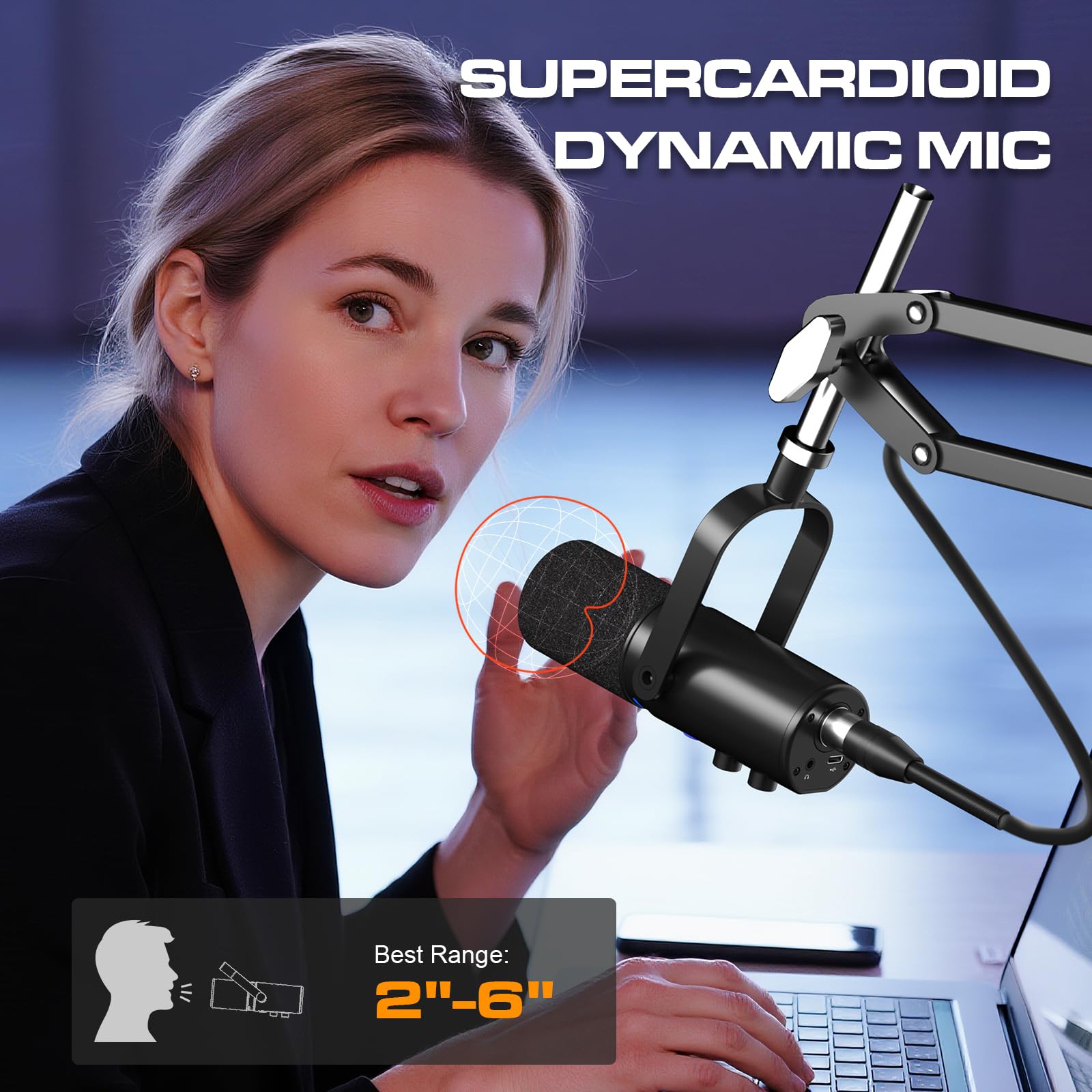 PUPGSIS Microfono per PC con registrazione podcast, microfono dinamico con pulsante mute, effetti riverbero, jack per cuffie, supporto da tavolo, uscite USB-C e XLR, microfono USB per giochi