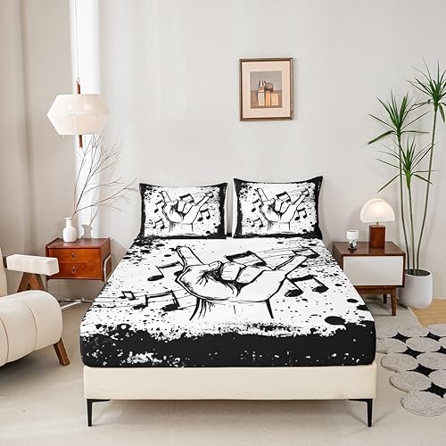 Miniatura 5 de Erosebridal Juego de sábanas con temática musical de música rock, tamaño Queen, juego de sábanas con estampado de notas musicales, juego de sábanas