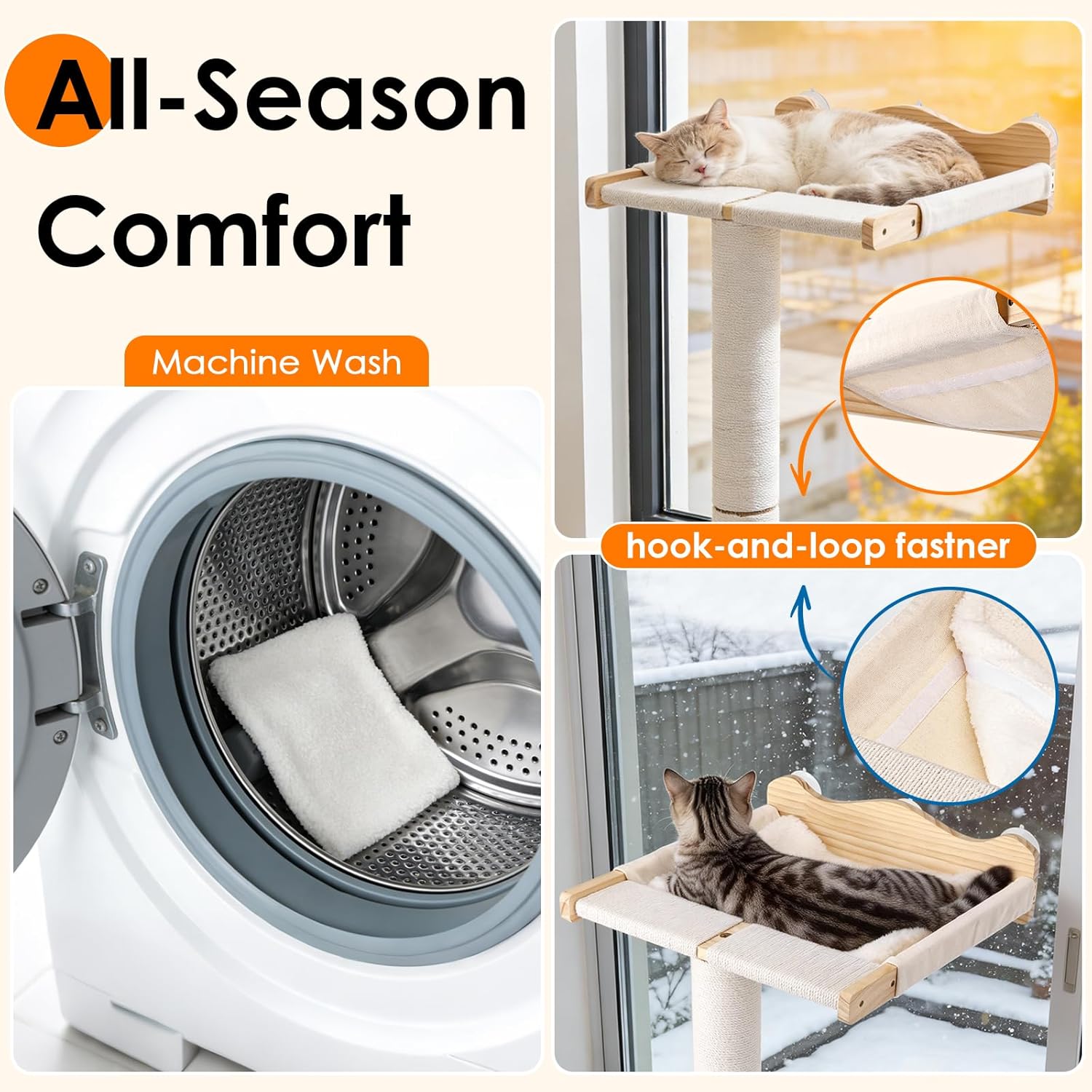 Keaber Cat Window Perch with Scratching Post, 44" Tall Adjustable Sisal Cat Tree for Large Cats Up to 33lbs, Suction Cup Wooden Hammock for Climbing,Bird Watching,Sleeping, Beige,with Washable Cushion