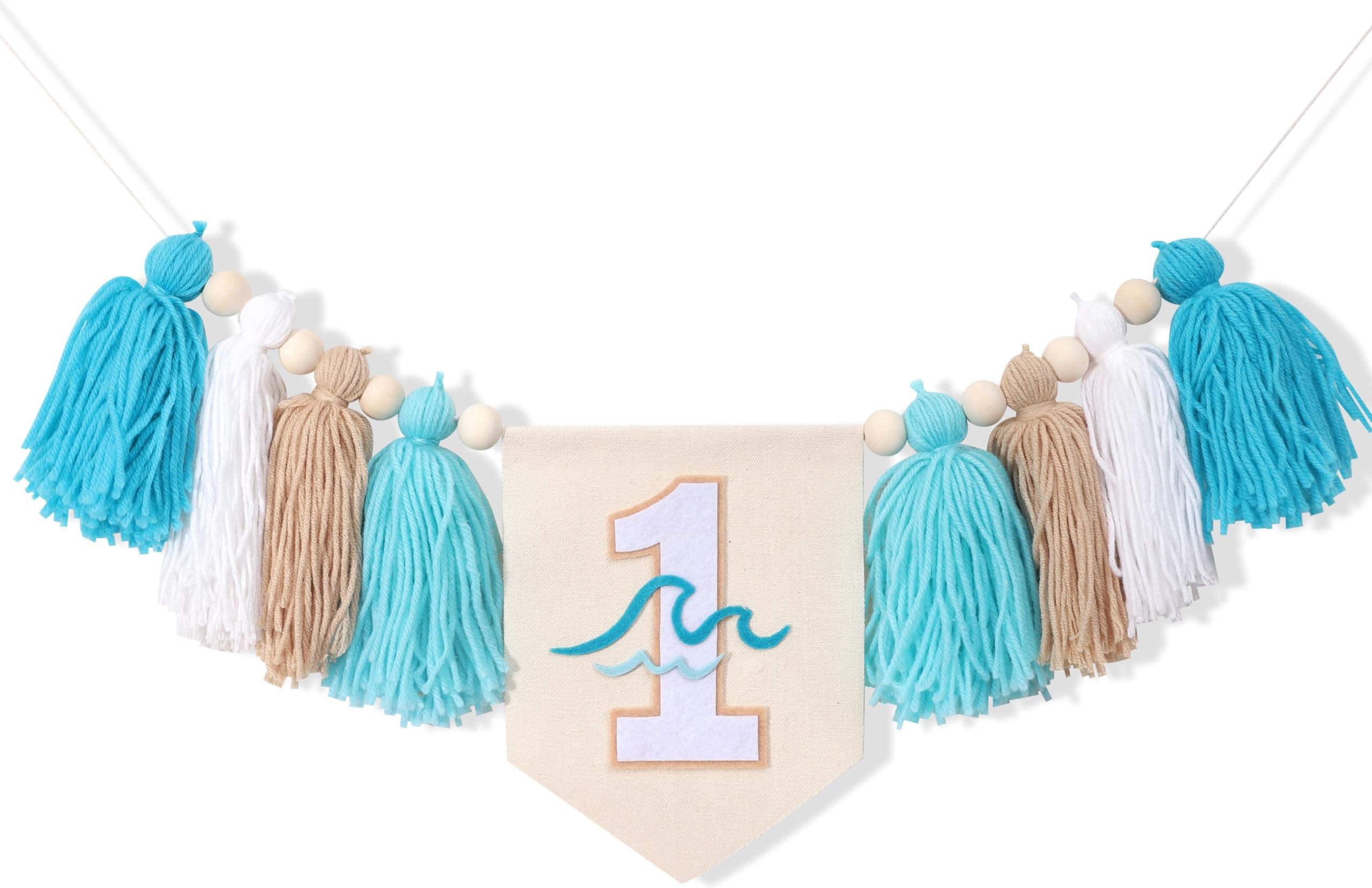 Big One Surf High Chair Banner - Wave 1st Birthday Decoration for Boys, Tassel Garland