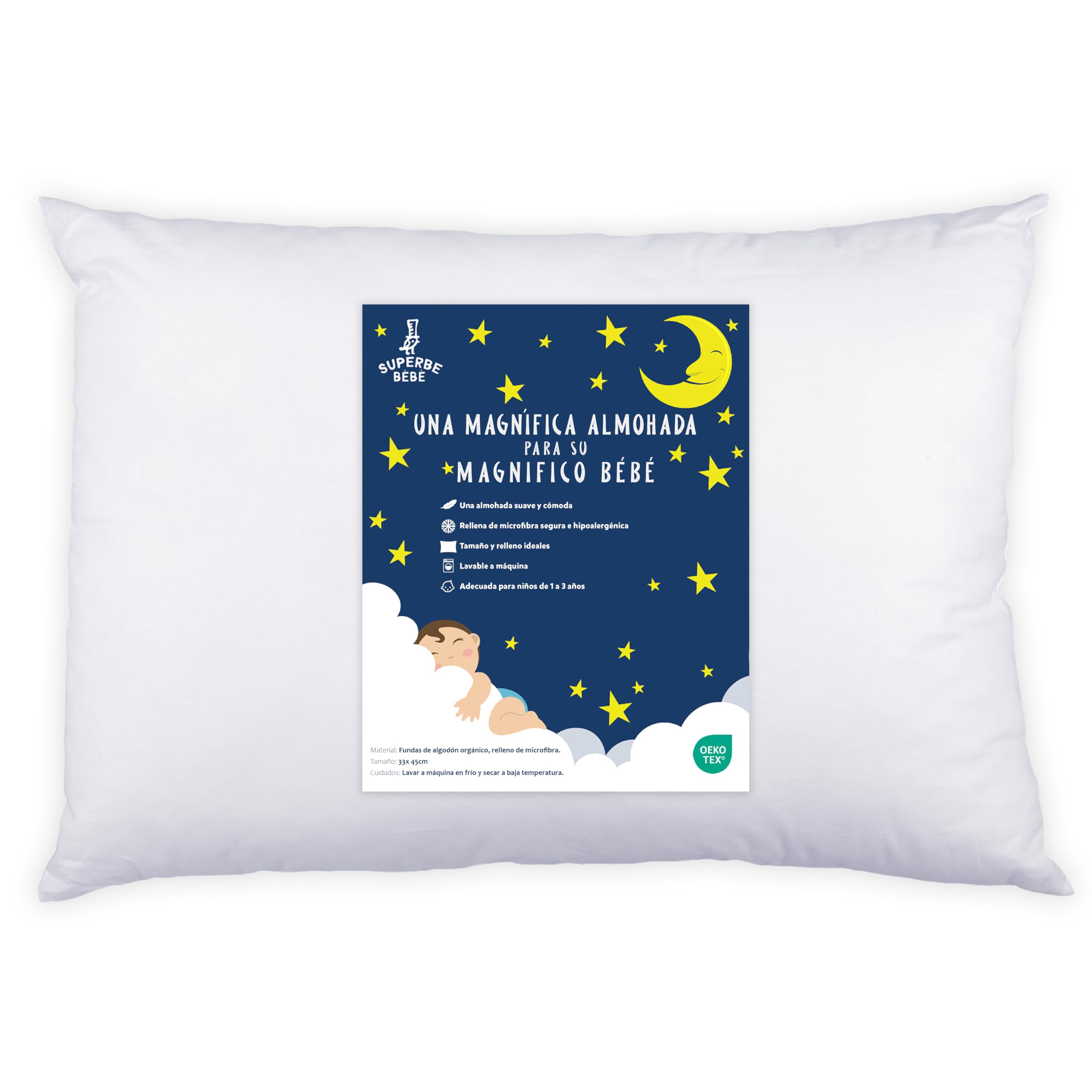 Almohada Infantil Blanca 33x45 Cm De Algodón Oeko-Tex - Almohada Cuna Bebe Y Niños- Cojin Pequeño para Bebés para Siestas En La Guardería, Escuela Y Viajes - 1 Año 2 Años