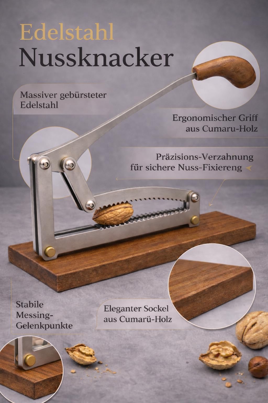 Nussknacker mit Hebel sehr hochwertig aus Edelstahl mühelos Haselnuss, Oliven und mehr